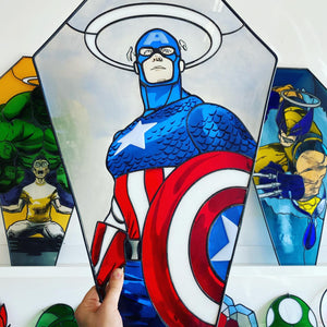 stained glass art depicting Captain America 