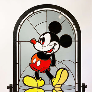 Mickey Mouse stained glass panel with black wooden frame