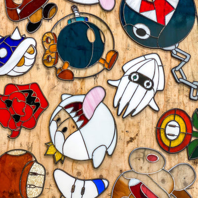super mario-themed stained glass suncatchers
