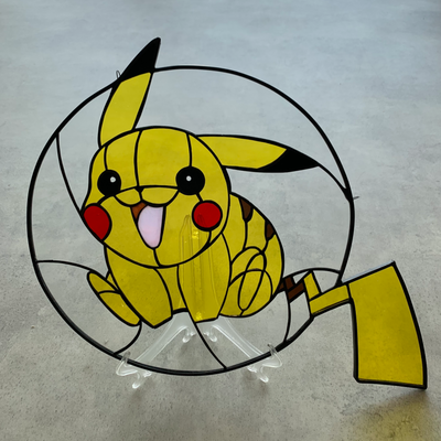 pikachu round stained glass suncatcher on display stand