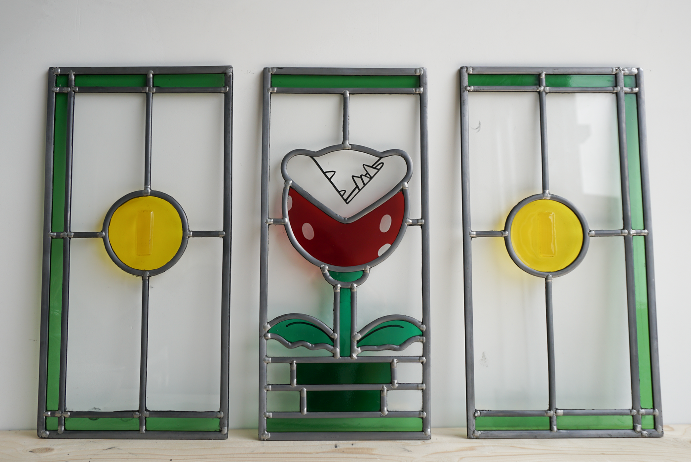 super mario piranha plant and coins stained glass panels