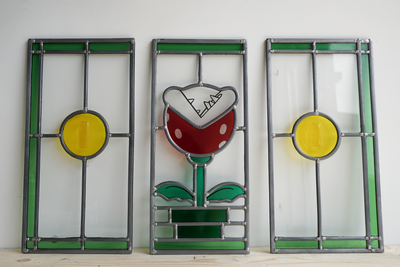 super mario piranha plant and coins stained glass panels