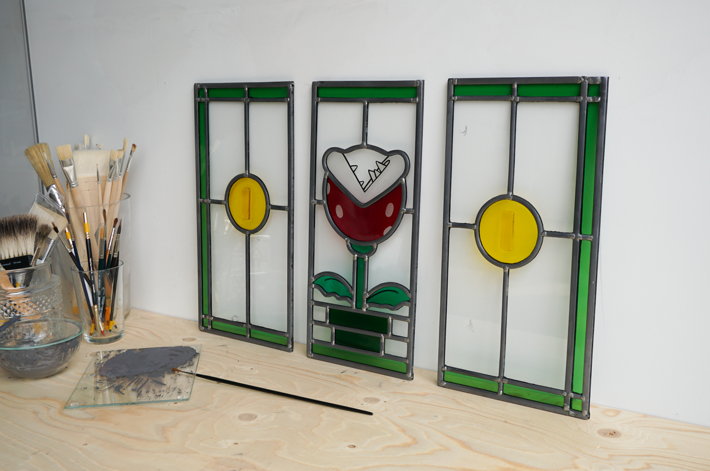 super mario piranha plant and coins stained glass panels